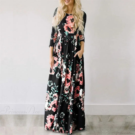 Pink Boho Floral Maxi Floral Dress Black1 / S oldfloraldress-250126