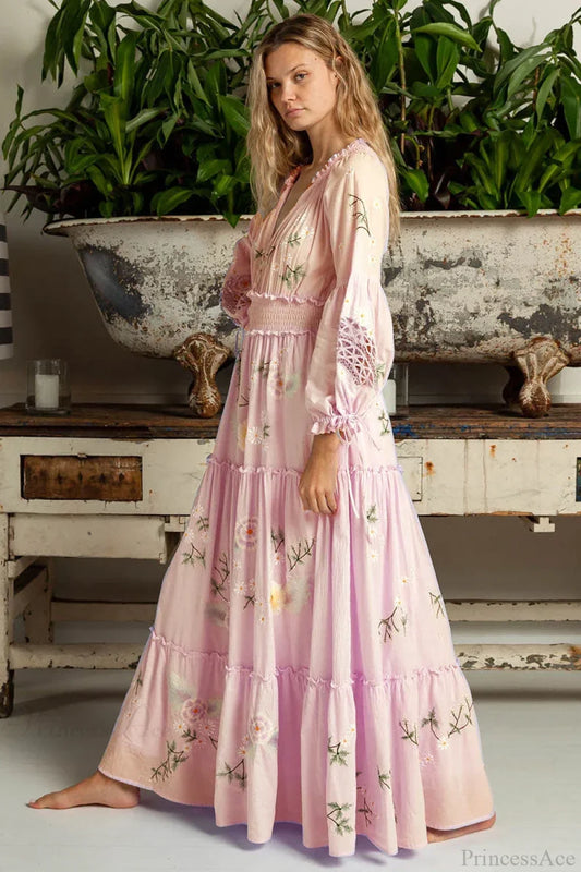 Pink Embroidery Floral Boho Long Sleeve Dress Purple / S