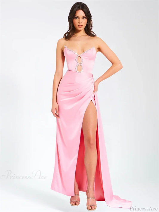 Pink Satin Strapless Party Dress / Xs Partydress-241208