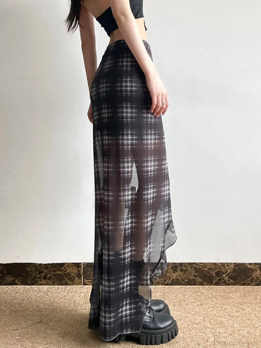 Plaid Drawstring See Through Skirt