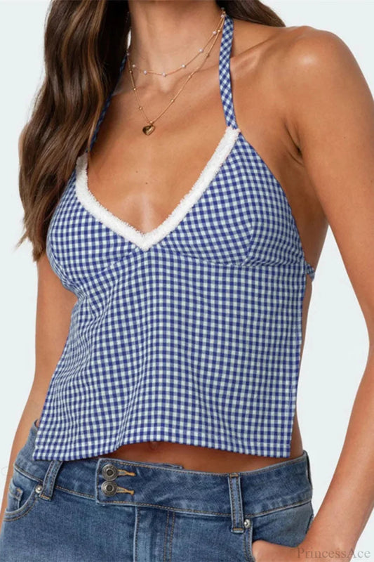 Plaid Halter Backless Deep V-neck Crop Top Blue / S croptop-250126