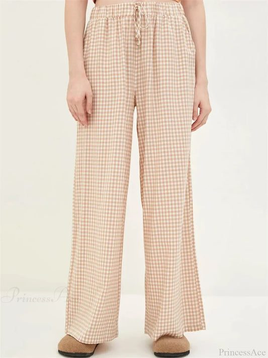 Plaid High-Waisted Drawstring Wide Leg Streetwear Pant CREAMYELLOW / S pant-250223