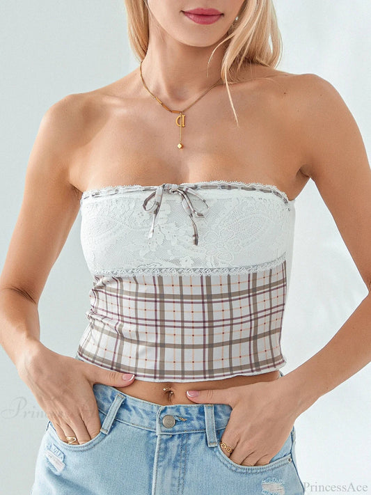 Plaid Lace Patchwork Off-shoulder Strapless Tube Top MULTI / S croptop-250126