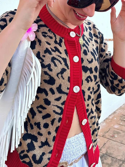 Plaid Lantern Sleeve Knit Cardigan red / S