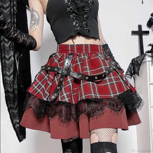 Plaid Pleated Lace Kawaii Skirt