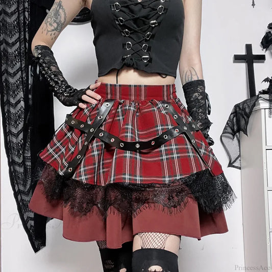 Plaid Pleated Lace Kawaii Skirt red / S