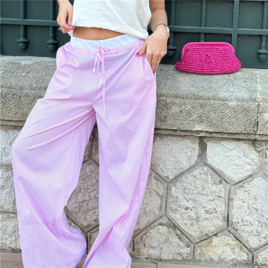 Plaid Print Elastic Drawstring Work Office Pant Pink / S pant-250223