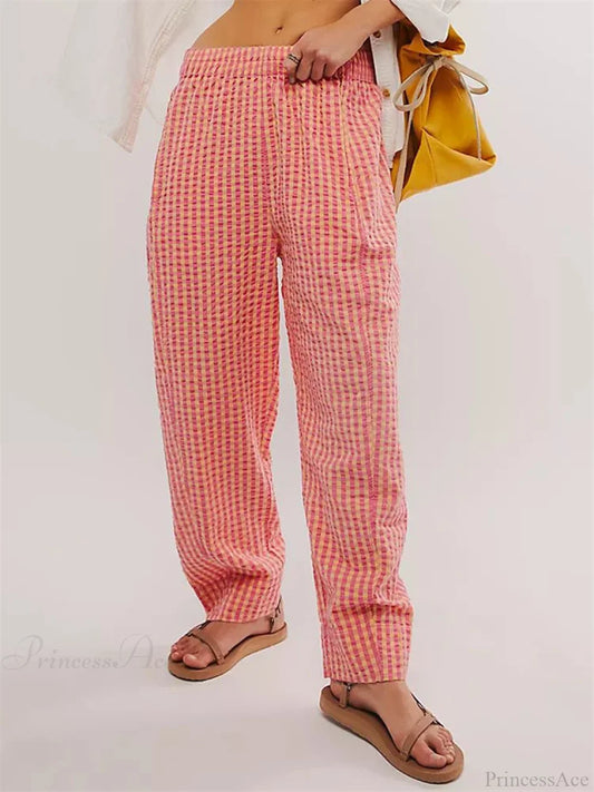 Plaid Print Elastic Waist Loose Wide Leg Pant RED / S pant-250223