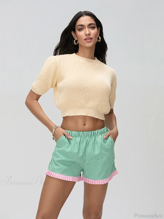 Plaid Ruffle Hem Loose Short Green / S short-250223