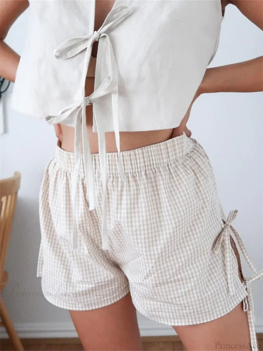 Plaid Split Lace-Up HolLow Short white / S short-250223