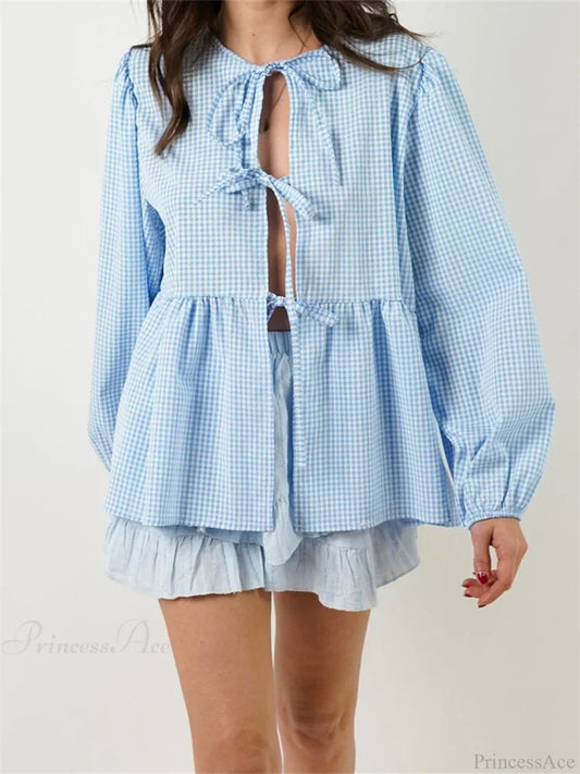 Plaid Stripe Front Tie-up Long Sleeve Blouse blouse-250126