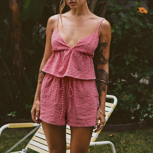 Plaid V Neck Backless Tie-Up Camis Elastic Waist Shorts Two Pieces Set Red / S twopiecesset-250126