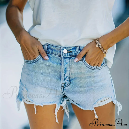 Plain Frayed Trim Denim Shorts Fringe Hem Slant Pockets Casual Short Jean Sky Blue / Xs