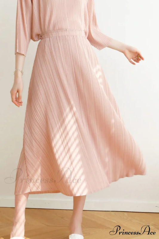 Pleated High Waist Skirt - Solid Color Pink / One Size Midi Dresses