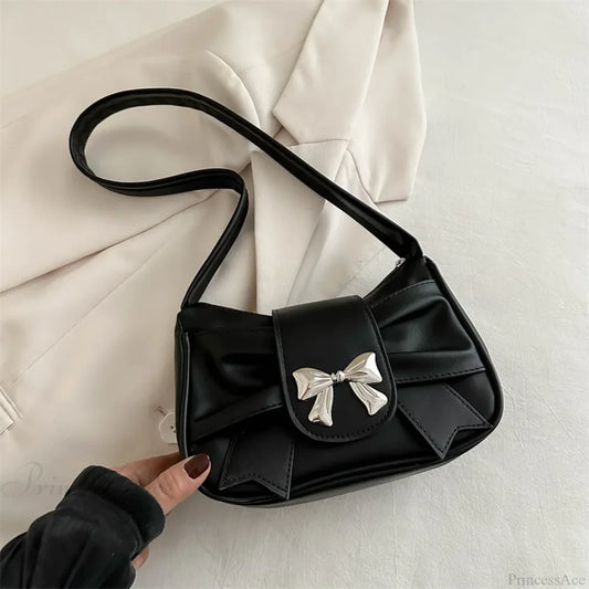 Pleated Korean Bow Shoulder Bag for Women Black shoulder-250126