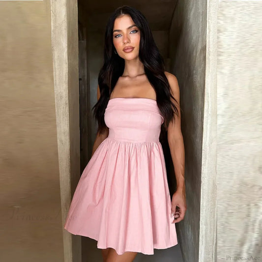 Pleated Waist Wrap A-line Vacation Dress Pink / S vacationdress-250223
