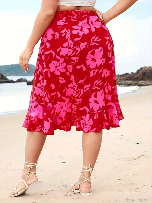 Plus Size Floral Slit High Waist Vacation Skirt skirt-250126