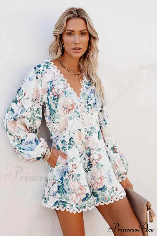 Pocketed Floral Crochet Rompers White / M