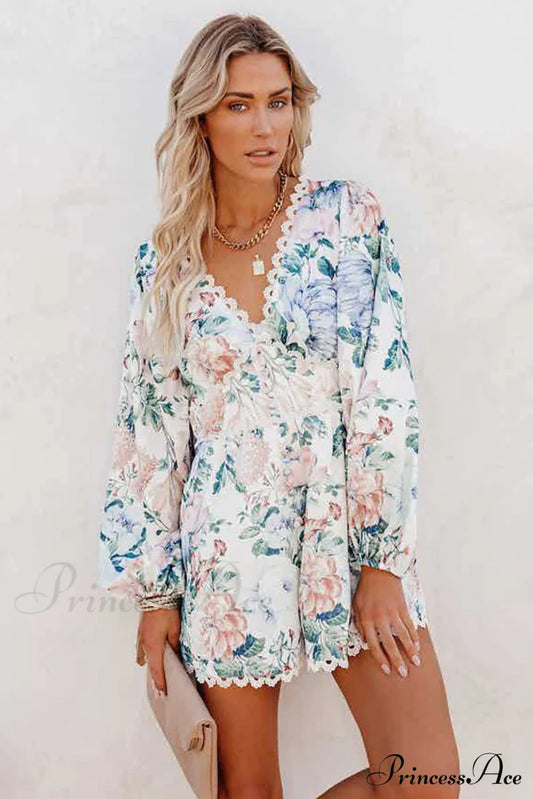 Pocketed Floral Crochet Rompers White / S