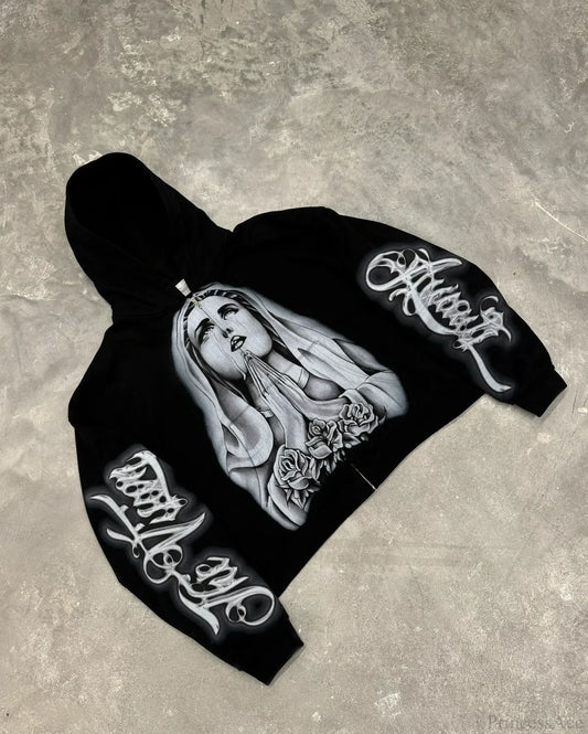 Prayer Portrait Black Zipper Hoodie black / S