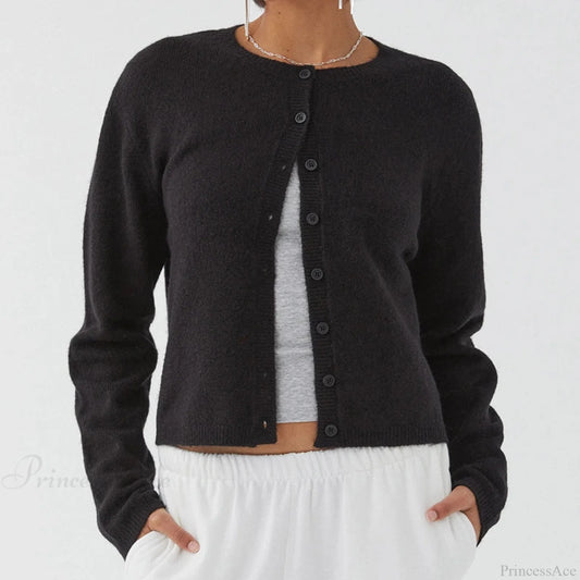 Preppy Crew Neck Button Up Front Cardigan Black / S cardiagn-250126