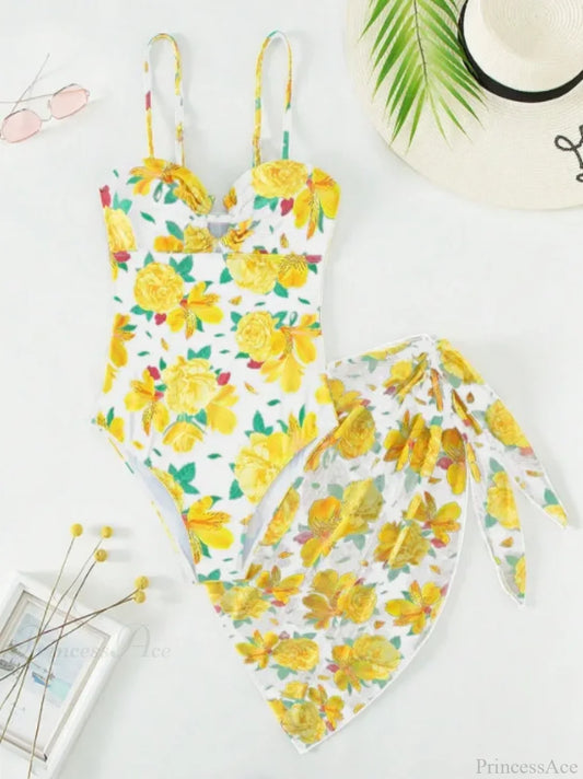 Print Strapped Push up Two Piece Set White / S