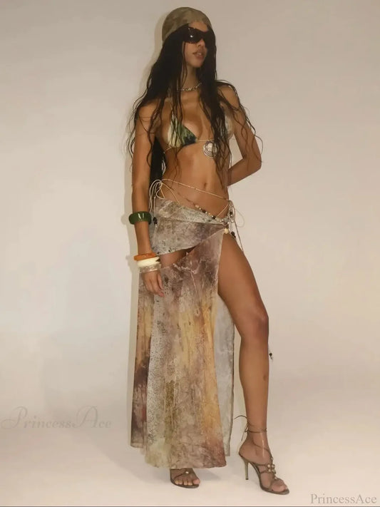 Print White Halter Skirt Three Piece Swimsuit White / S