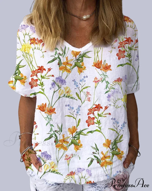 Print With Flowered Tee Short Sleeves T-Shirts