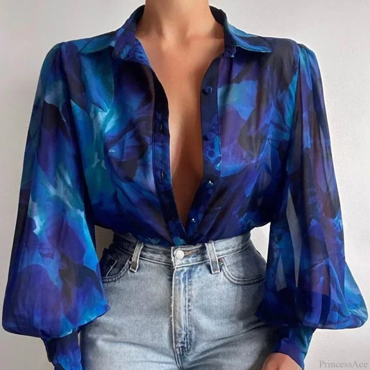 Printed Lantern Sleeve Vintage Floral Button Long Sleeve Blouse blouse-250126