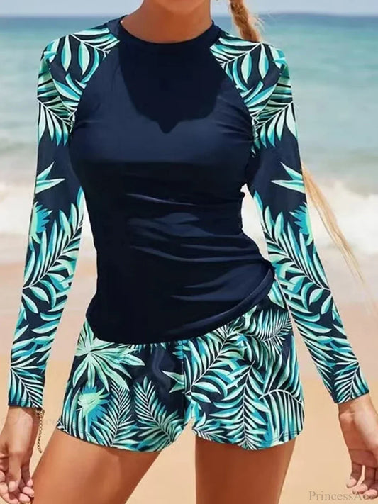 Printed Long Sleeve Surf Two Piece Set Deep Blue / S