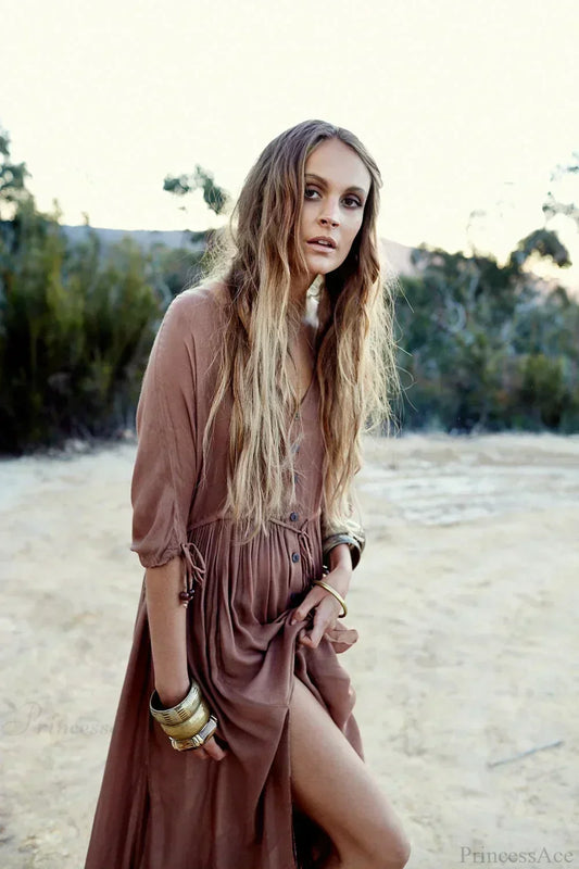 Printing Maxi Deep V Neck Stretch Boho Dress Brown / S bohodress-250126