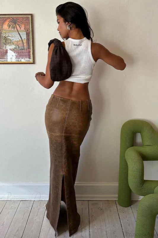 PU Leather Slim Fit Split Midi Skirt