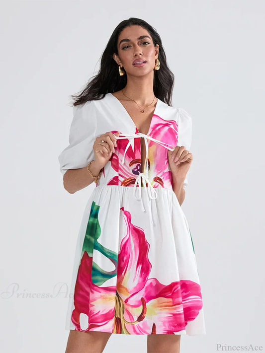 Puff Sleeve Tie-up A-Line Mini Floral Dress floraldress-250126