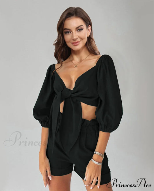 Cutout Puff Sleeve Top and Shorts Set Black clothes crop top croptop MDML sets Ship From Overseas Shipping Delay 09/29/2023 - 10/02/2023 trend