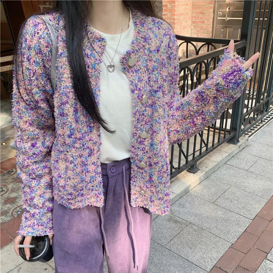 Purple Floral Lazy Wind Loose Knit Cardigan PURPLE / S cardiagn-250126