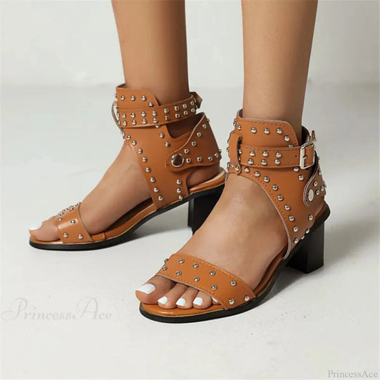 Rebellious Dark Rivet Tall Heel Sandal Brown / 4