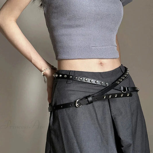 Rebellious Dark Western Double Loop Rivet Belt BLack / 170cm