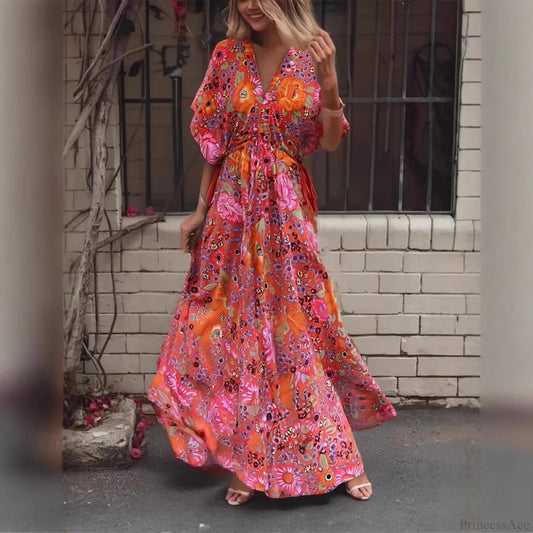 Red Floral Batwing Sleeve Rayon Cotton Maxi Boho Dress Red / S bohodress-250126