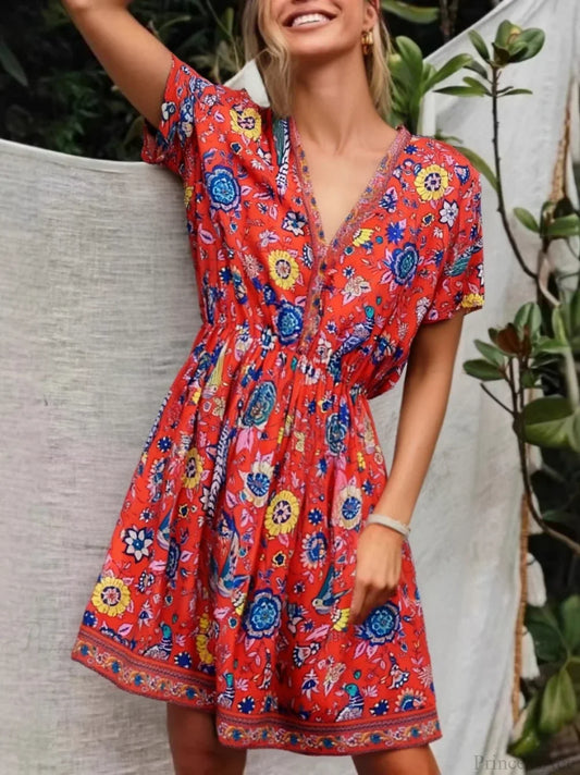 Red Floral Peacock Print V-neck Short Sleeve Casual Mini Boho Dress Red / S bohodress-250126