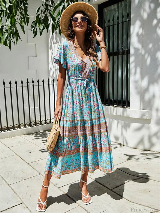 Red Floral Print Bat Sleeve Tassel V-neck Summer Boho Dress light blue / S bohodress-250126