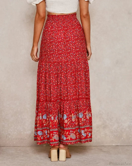 Red Floral Print Beach Bohemian High Waist Rayon Skirt skirt-250126