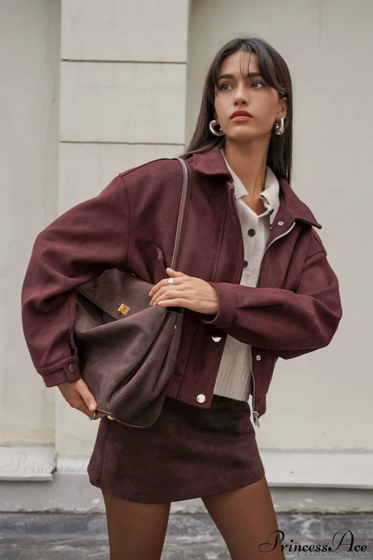 Reddish Brown Suede Collared Oversized Retro Coat Brown / S