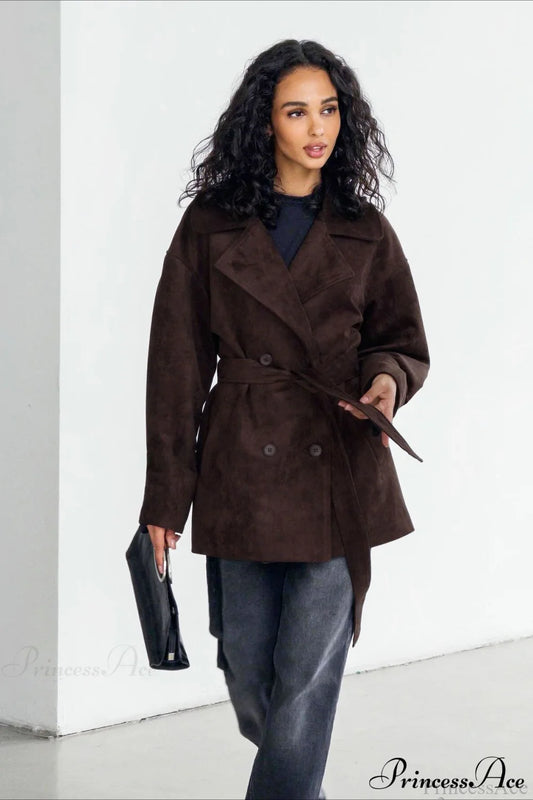 Retro Brown Suede Jacket Tied Coat