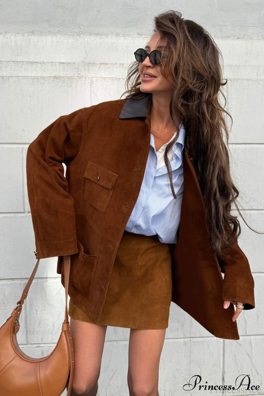 Retro Brown Suede Leather Casual Jacket Brown / S