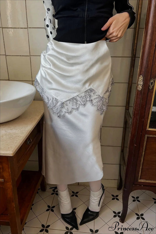 Retro Color Block Lace Panel Slim Skirt