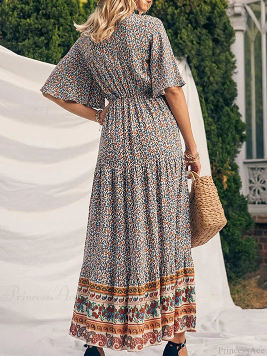 Retro Floral Print V-neck Boho Sundress bohodress-250126