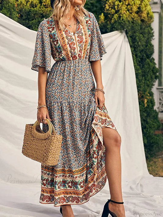 Retro Floral Print V-neck Boho Sundress Yellow / S bohodress-250126