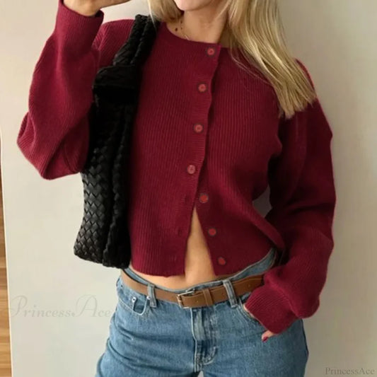 Retro Round Neck Long Sleeve Knit Cardigan Wine / S cardiagn-250126