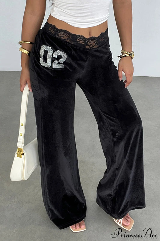 Rhinestone Lace Waist Patchwork Velvet Pants Black / S