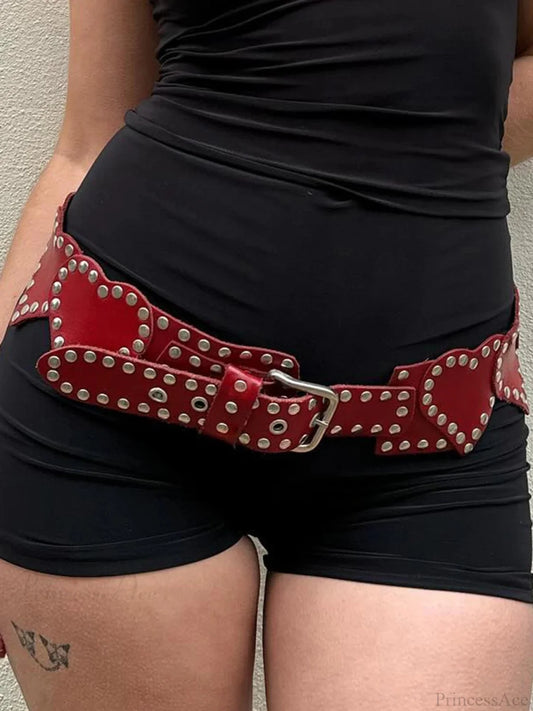 Rivet Gothic Loving-Shape PU Leather Belt Red